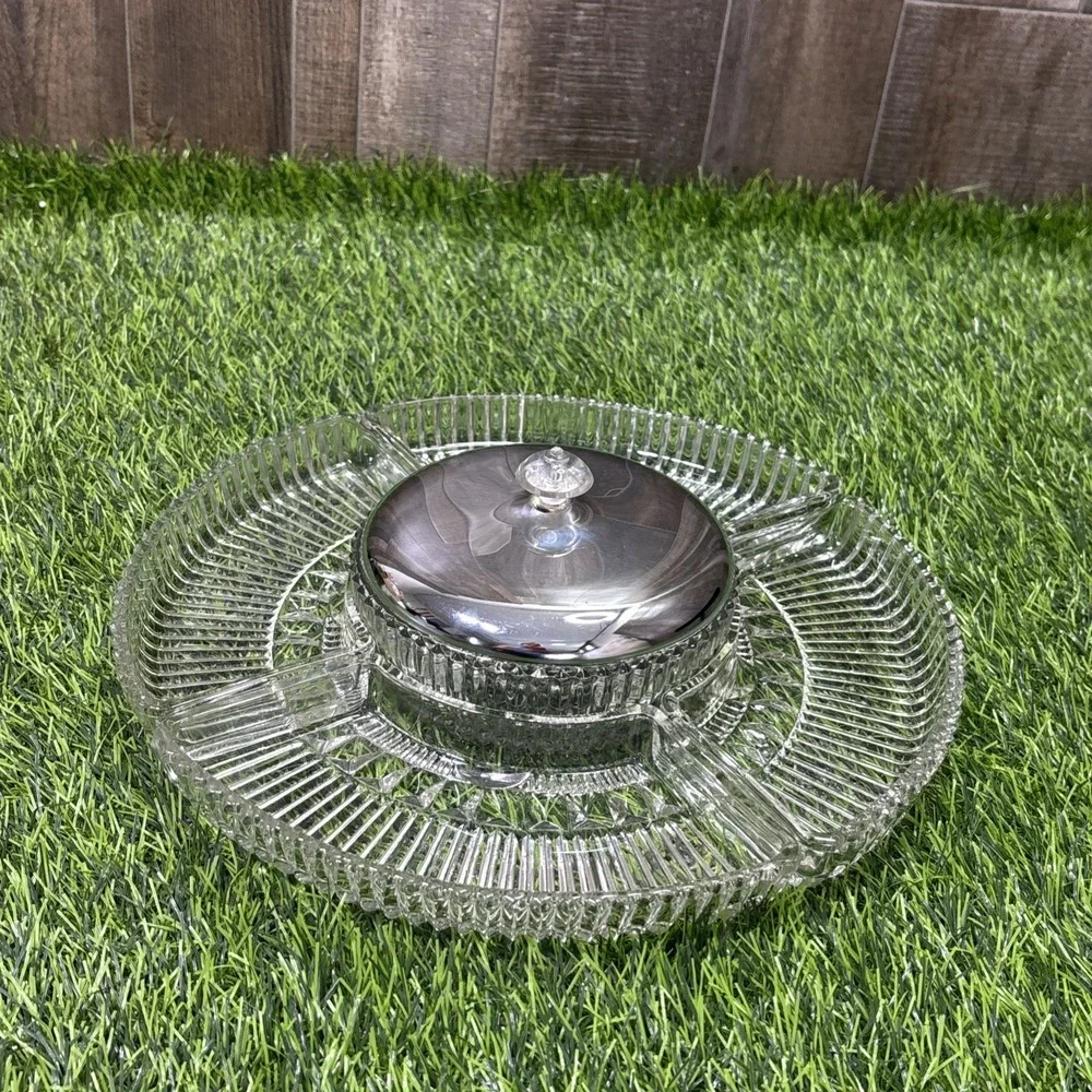 Vintage Chromex MCM Chrome Pressed Glass Lazy Susan Divided Party Platter